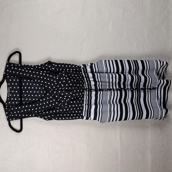 Bebop Black White Multi Pattern Scoop High Low Neck Knee Length Sheath Dress - Picture 13 of 13